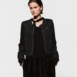 UR国内代购2025冬季女装魅力小香亮丝流苏短款呢料外套UWG150182