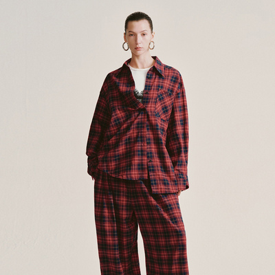 UR国内代购2025冬季女装时尚潮流复古撞色格纹开襟衬衫UWJ250082