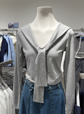 UR国内代购2025秋季女装时尚都市设计感系带V领修身T恤UWU450038