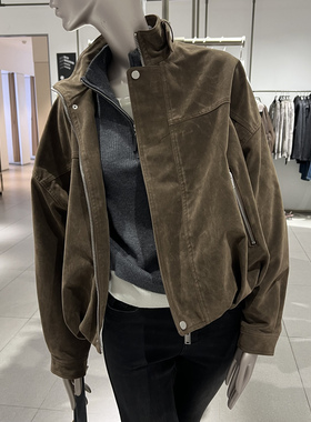 UR国内代购2026春季女装潮流绒面立领褶皱收腰拉链外套UWJ160006