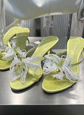 UR国内代购2025夏季女士时尚潮流度假珠花露趾高跟拖鞋UAWS50039
