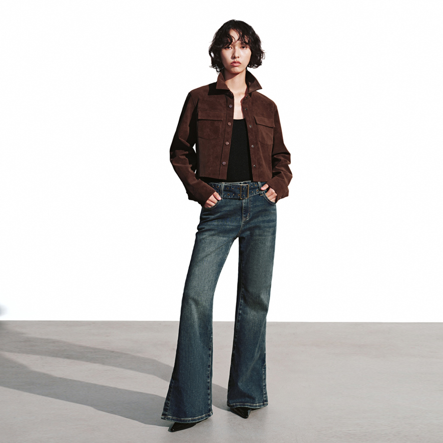 UR国内代购2025冬季女装时尚琥珀流光风双口袋开襟衬衫UYV250056