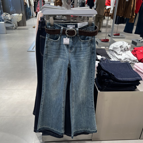 UR国内代购2025冬季女装休闲水洗毛边腰带喇叭牛仔长裤UYL860004