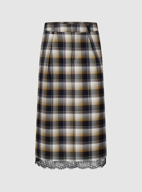 UR国内代购2026春季新款女装潮流撞色格纹蕾丝拼接半裙UWJ560006