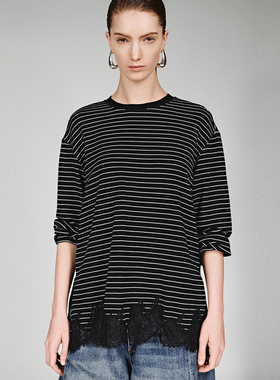 UR国内代购2025冬季女装潮流拼接蕾丝撞色条纹长袖T恤UWJ460003