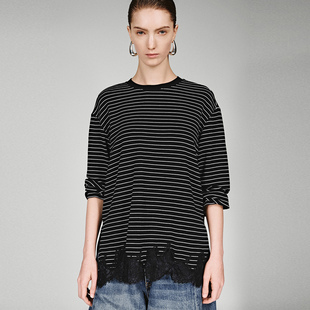 潮流拼接蕾丝撞色条纹长袖 女装 T恤UWJ460003 2025冬季 UR国内代购