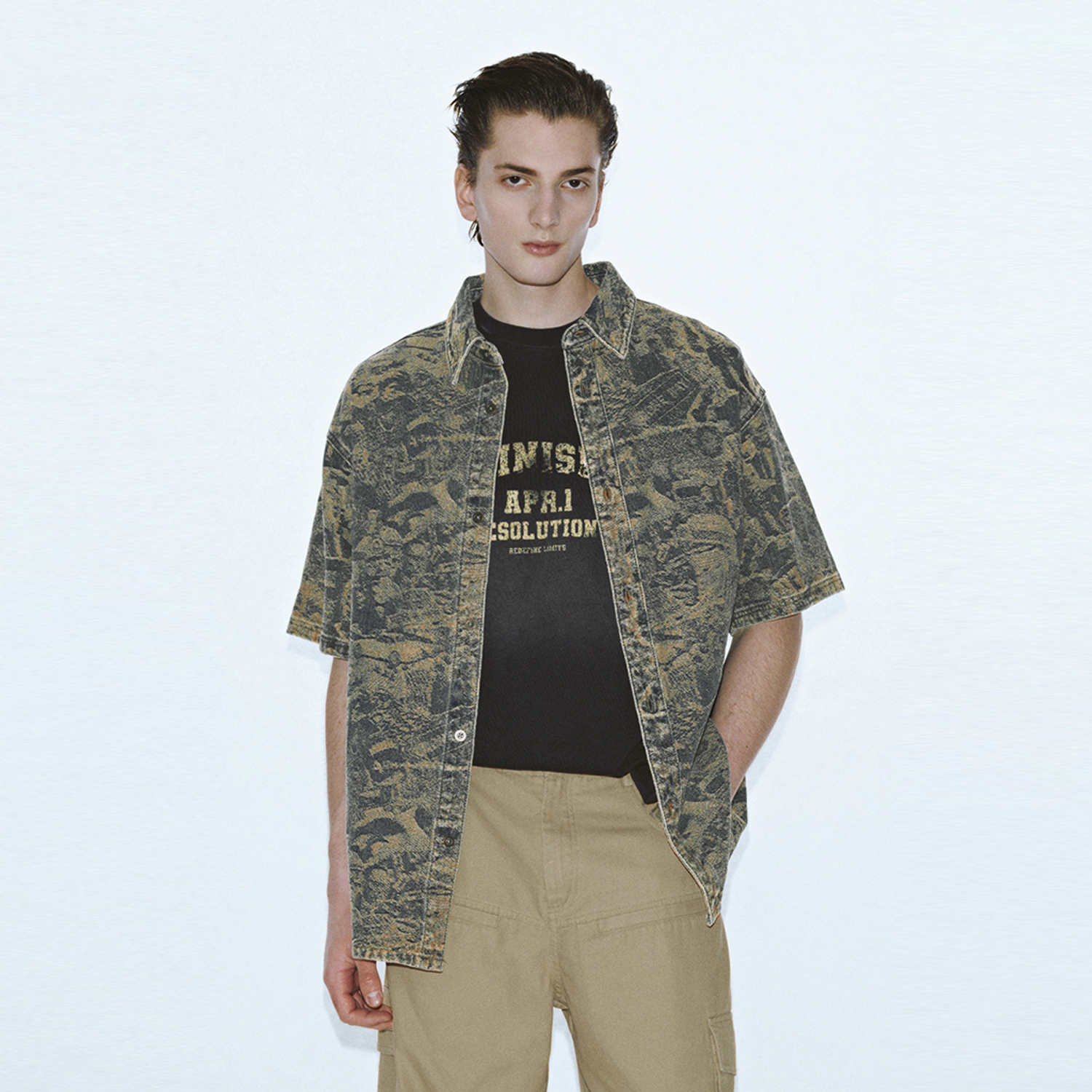 UR国内代购2025夏季男装潮流美式做旧洗水短袖牛仔衬衫UMV850043