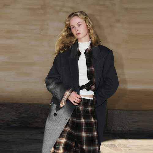 UR国内代购2025冬季女装双排扣长款含羊毛大衣呢料外套UWJ150089