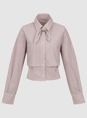 UR国内代购2026春季女粉彩风都市格纹系带拼接开襟衬衫UYU260017