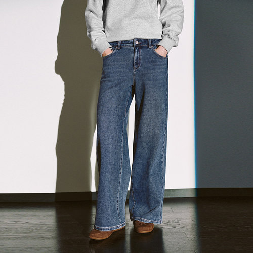 UR国内代购2025冬季女装时尚休闲简约百搭阔腿牛仔长裤UYY850288