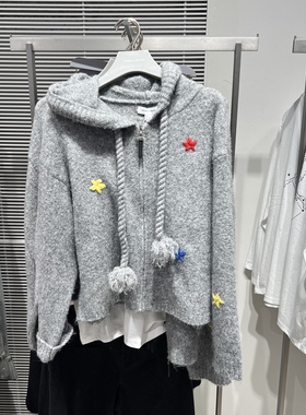 UR国内代购2025冬季女装潮流连帽抽绳星星提花针织开衫UYV960007