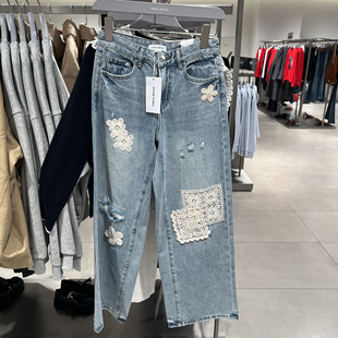UR国内代购2026春季女装休闲磨破设计蕾丝拼接牛仔裤UYL860022