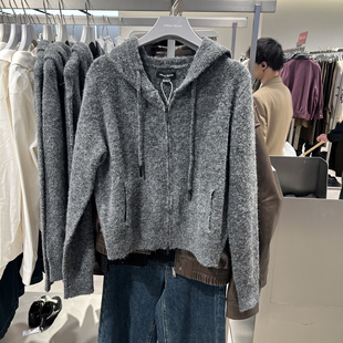 UR国内代购2025冬季女装潮流格雷系连帽抽绳针织开衫UWJ960009