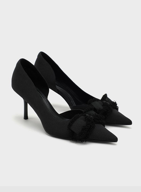 UR国内代购2026春季新款女士气质毛边蝴蝶结尖头高跟鞋UAWS60020