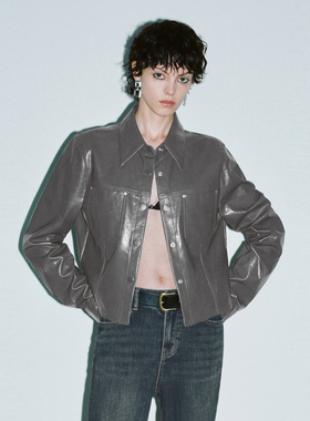 UR国内代购2025秋季女装时尚复古摩登按扣皮衣开襟衬衫UYV250046