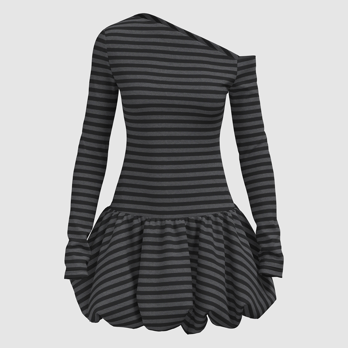 UR国内代购2025秋季女装潮流斜肩条纹花苞超短款连衣裙UYV750093