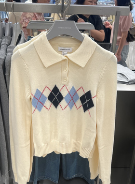 UR国内代购2025冬季女装休闲学院风菱格纹短款针织衫UYY950145