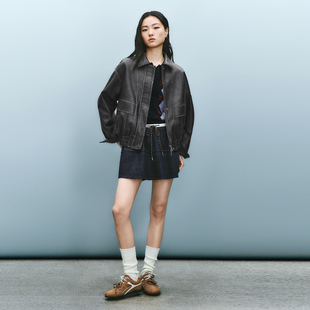 UR国内代购2025冬季女流光风都市摩登翻领宽松皮衣外套UYU150036