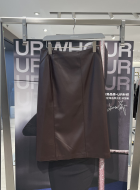 UR国内代购2025秋季女装琥珀流光风复古后开衩皮质半裙UWU550011