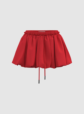 UR国内代购2025夏季女时尚红色超宽松短款花苞抽绳半裙UYU550077