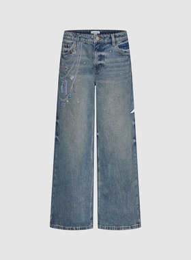 UR国内代购2025夏季女装潮流复古休闲印花破洞牛仔长裤UYV850081