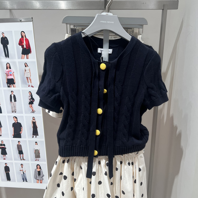 UR国内代购2025秋季女学院风绞花撞色纽扣短袖针织开衫UYL950126