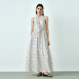 UR国内代购2025夏季女装休闲碎花多系带挂脖绑带连衣裙UWG750219