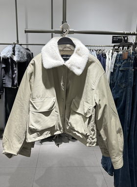 UR国内代购2025冬季女装气质拼接撞色毛领抽绳PU棉服UWM150071