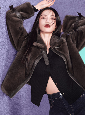 UR国内代购2025冬季女装钟楚曦同款拼接毛领立领外套UWJ150087