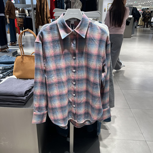 UR国内代购2025冬季新款女装休闲撞色格纹翻领开襟衬衫UYL260004