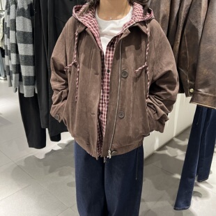 UR国内代购2025冬季女装琥珀流光风休闲格纹连帽外套UYY150117