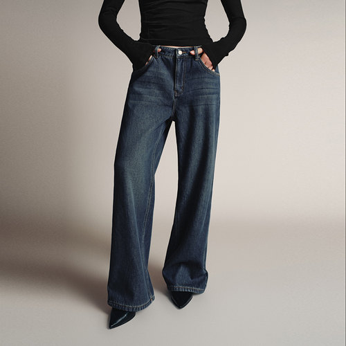 UR国内代购2025冬季女装气质做旧水洗加绒阔腿牛仔长裤UWM850280