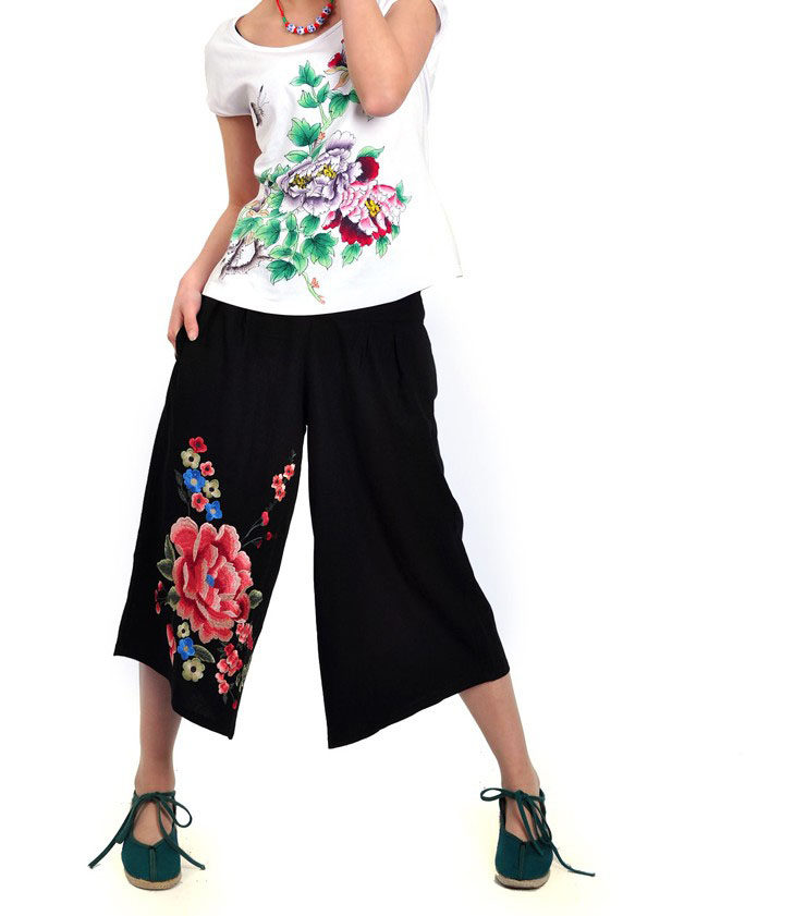 原创民族风刺绣牡丹阔腿七分裤夏季中国风绣花大码裤凉爽百搭