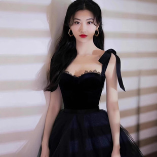 黑色显瘦公主吊带晚礼服气质宴会轻奢小众法式party小礼服感