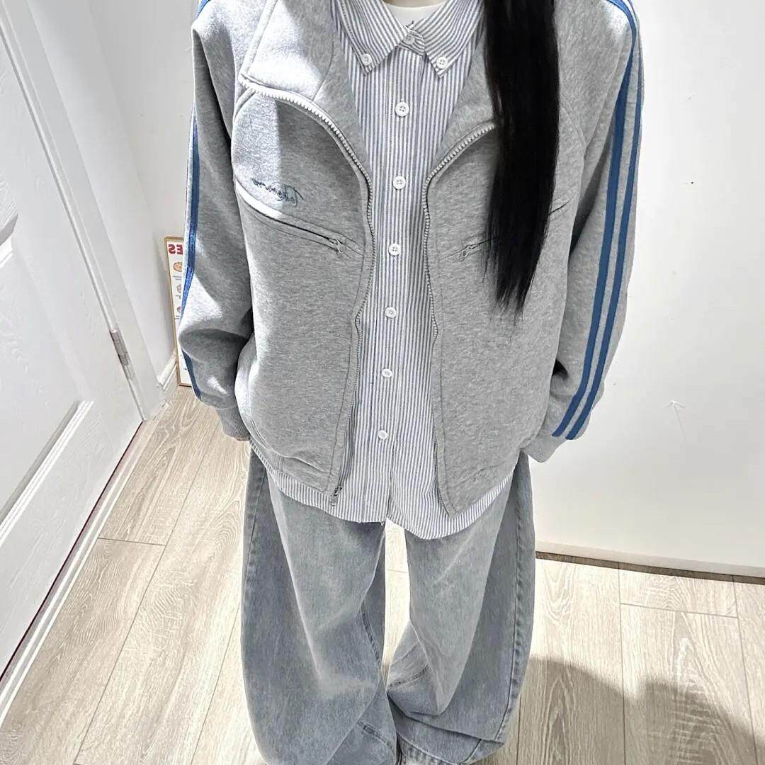 美式撞色条纹双杠立领开衫夹克外套女秋冬韩系运动灰色双拉链卫衣