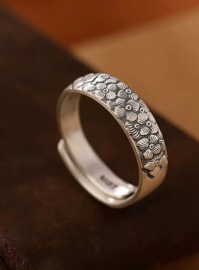 民族风99足银戒指复古中国风文艺时尚梅花祥云纹女士开口指环银饰