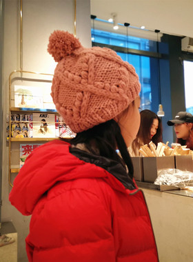 冬天韩版学生针织帽保暖护耳帽子可爱逛街豆豆女生白色日系毛线帽