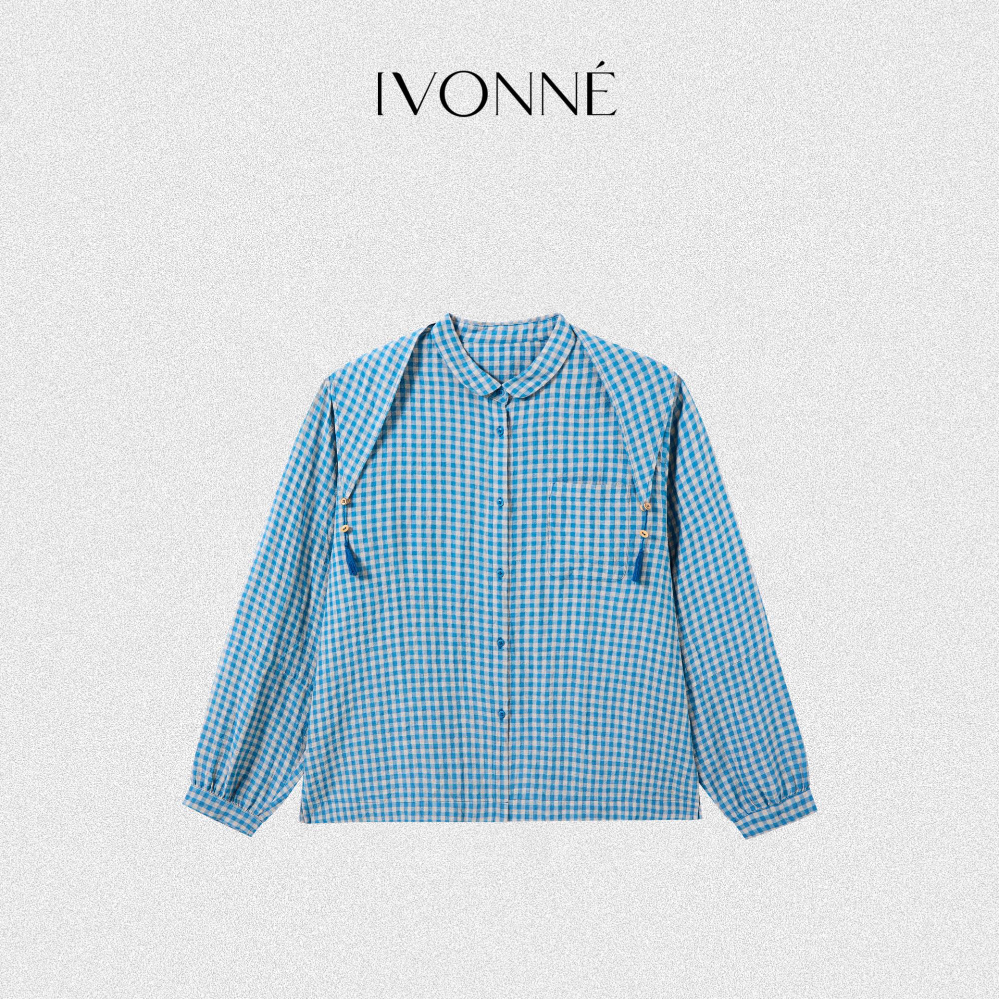 IVONNE|褶蓝 2026秋季新品 100亚麻 休闲宽松格子衬衫上衣