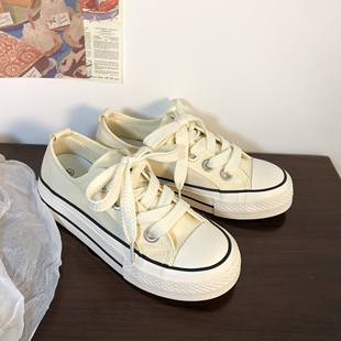 女鞋 百搭圆头小白鞋 子 女透气2022夏季 芒着开心宽绳ins厚底帆布鞋