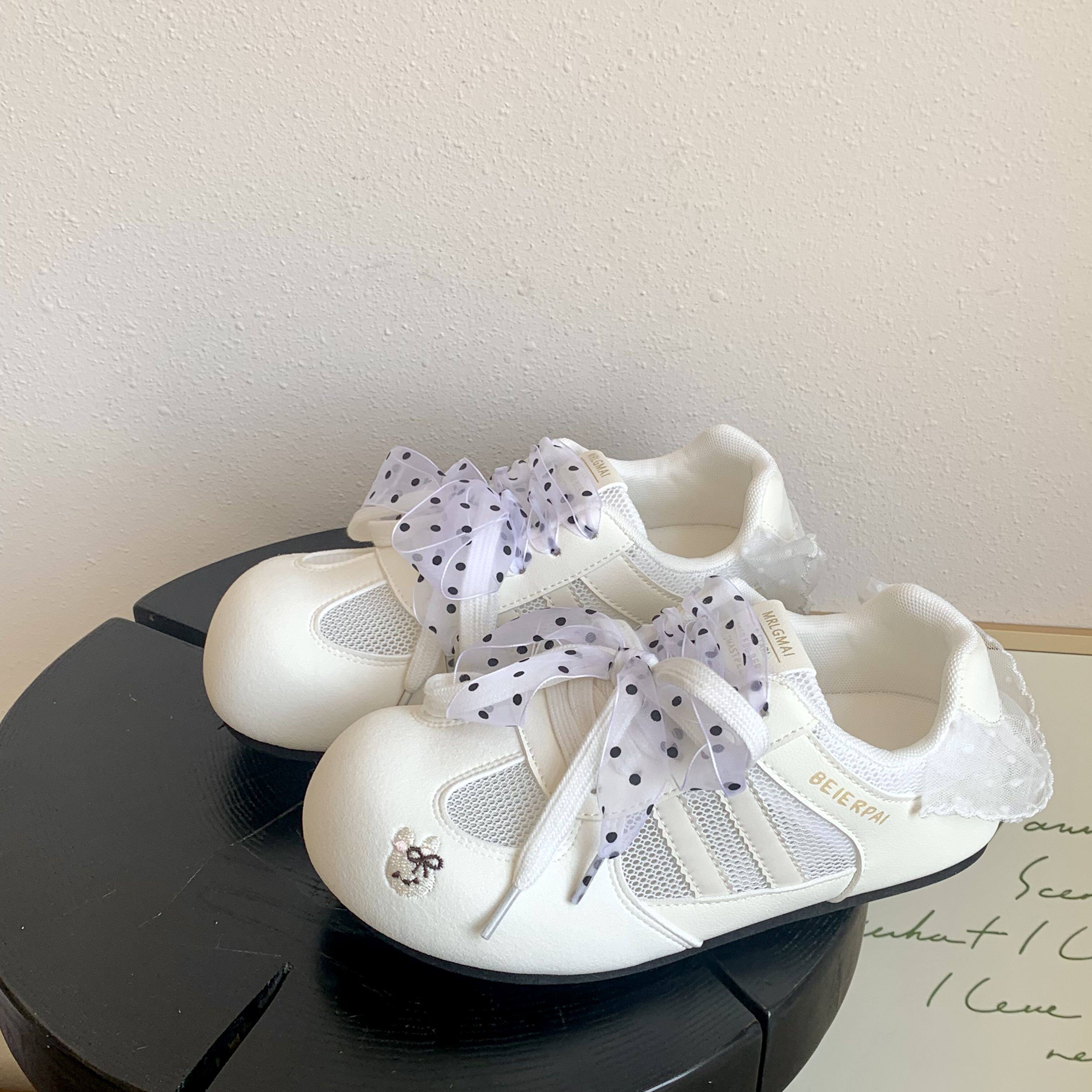 少女蕾丝波点蝴蝶结透气小白鞋女