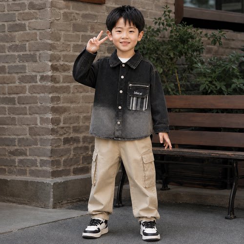 毓有啊男童牛仔衬衫2026新款春秋帅气时髦长袖翻领做旧水洗外套潮