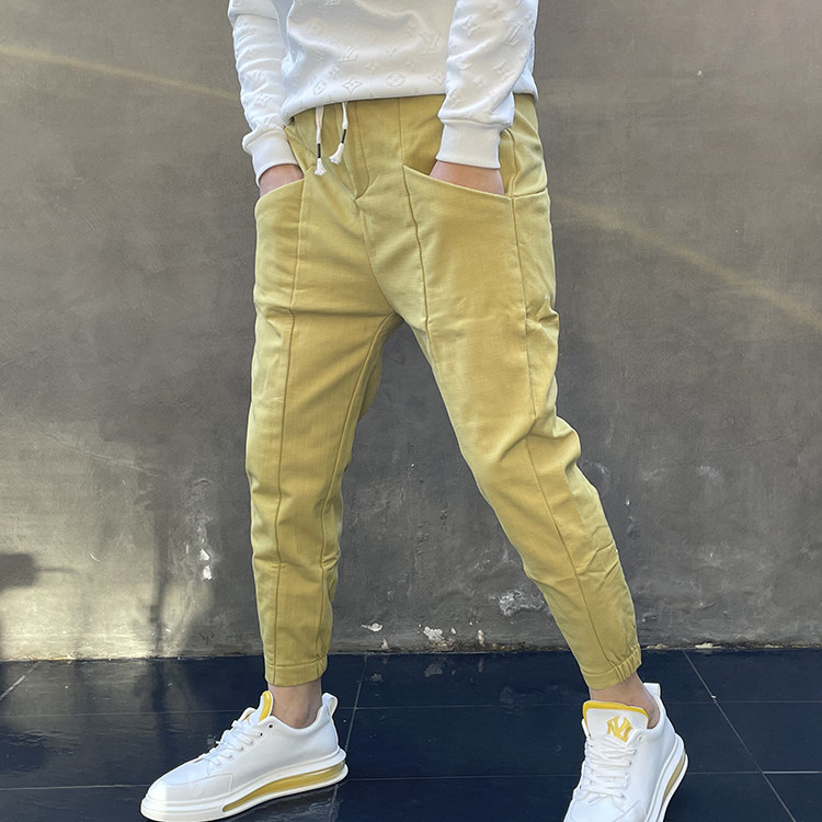 男女同款黄色休闲小脚九分裤