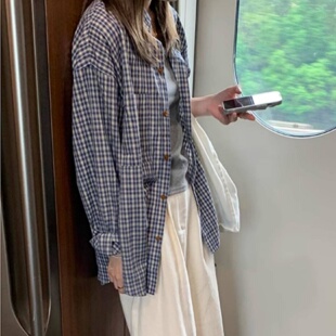 法式休闲蓝色格子衬衫女春秋夏季内搭薄款外套长袖慵懒风宽松上衣