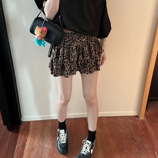 美拉德复古豹纹高腰蓬蓬裙A字半身裙女春秋季 打底内搭蛋糕短裙子