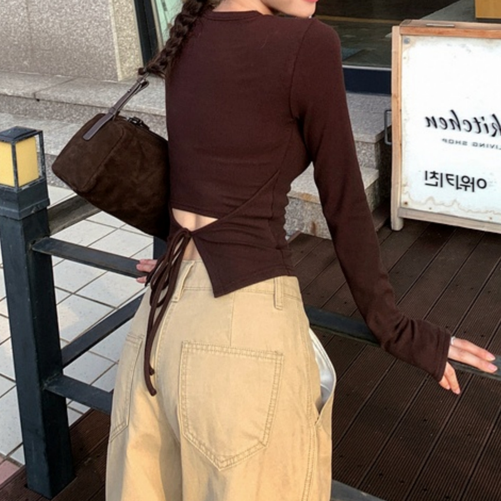 法式纯欲后腰蝴蝶结绑带长袖T恤