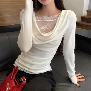 女春秋季 t恤打底衫 假两件斜肩内搭上衣 纯欲蕾丝花边荡领长袖 法式