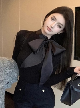 法式复古蝴蝶结系带黑色短款打底衫女春秋季修身外穿内搭纯欲上衣