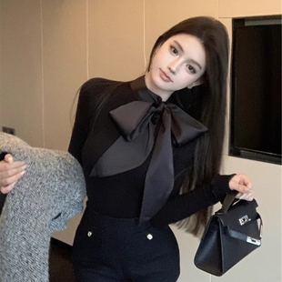 修身 法式 女春秋季 打底衫 外穿内搭纯欲上衣 复古蝴蝶结系带黑色短款