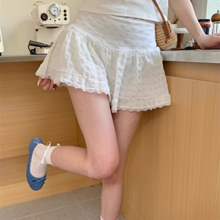 法式复古芭蕾风蕾丝花边A字短裙女春秋内搭夏季白色蓬蓬半身裙裤