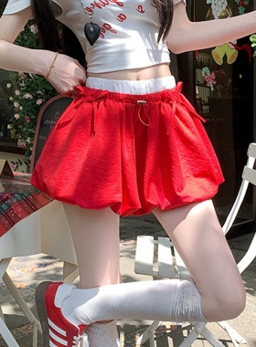 韩系运动褶皱花苞短裙裤女春夏季蝴蝶结宽松红色蓬蓬休闲阔腿裤子